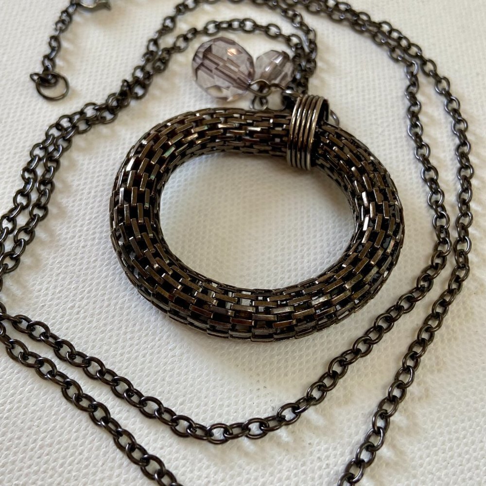 Unique Steele Gray Long Necklace with Circle Pendant - Picture 6 of 6
